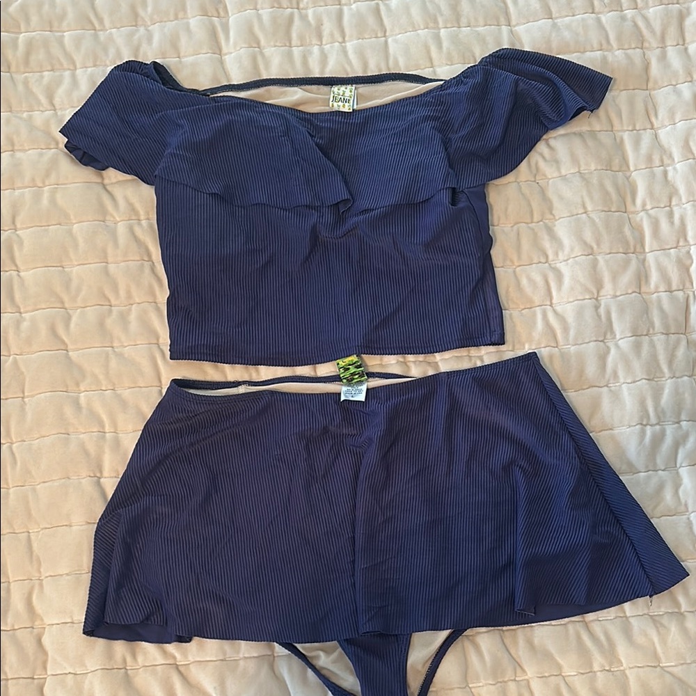 Kortni Jeane Navy Ribbed Off-Shoulder Two-Piece Swim Set